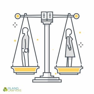 Illustration of divorcing parties on scales of justice