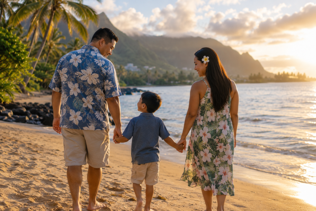 Hawaii family walking down the beach