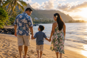 Hawaii family walking down the beach