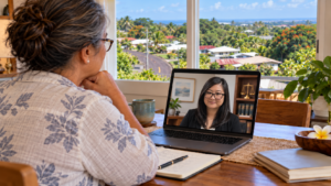 Person at home on the Big Island having a video consult with an attorney